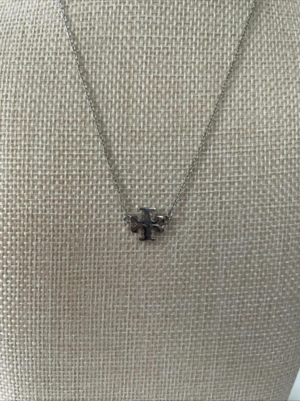 Tory Burch Silver-Tone Logo Charm Necklace 16”